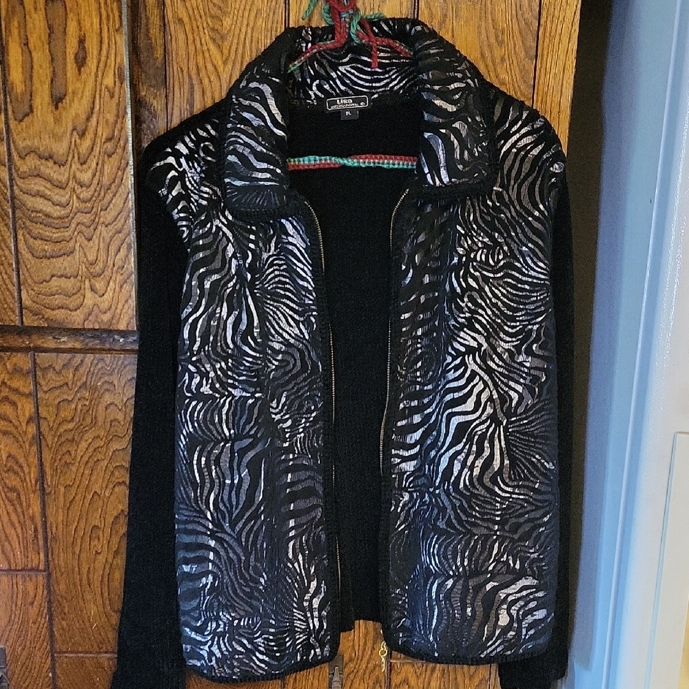 Lisa International Black and Silver Soft Zebra Zipper Sweater Jacket.